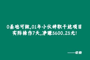 0基础可做，01年小伙辞职干这项目，实际操作7天，总产：5600.25元！ 老秦